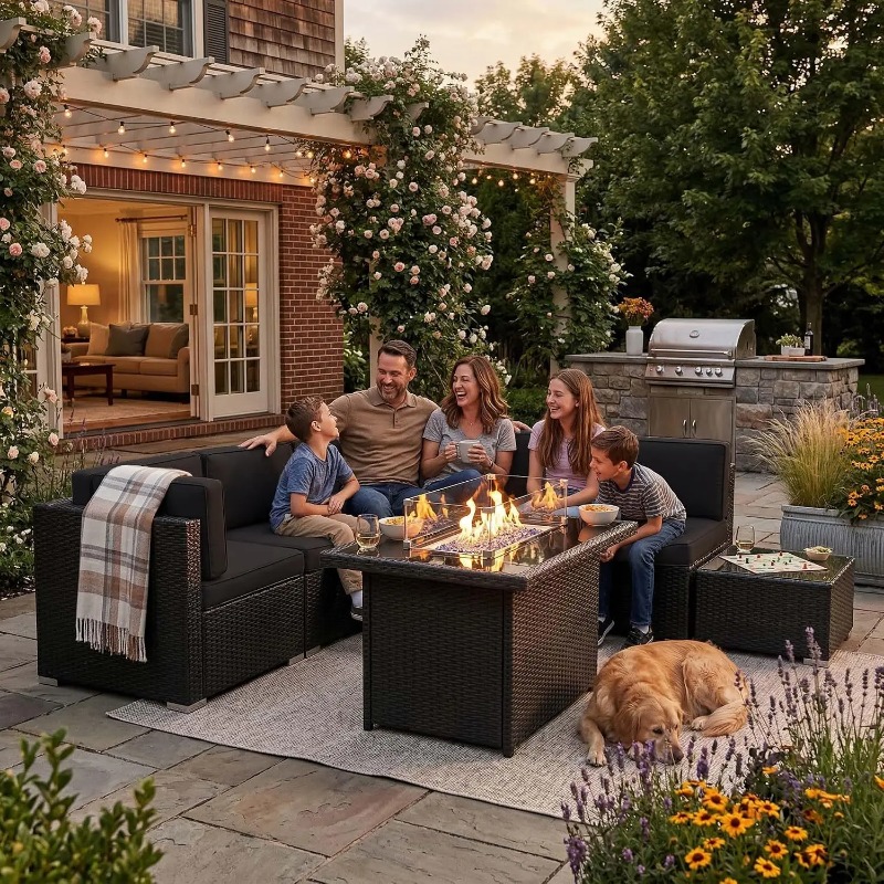 Outdoor Furniture Set With Fire Pit - 8-Piece Patio Wicker Sectional Sofa Set