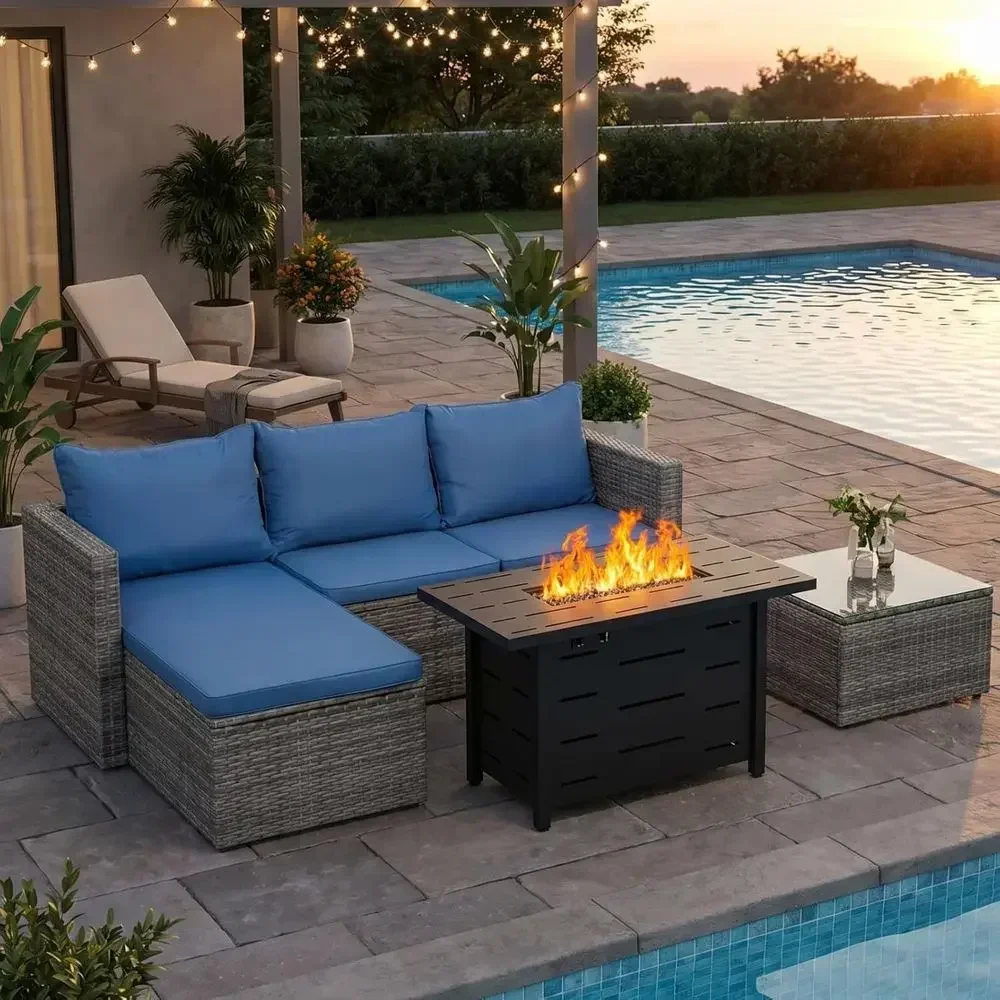 Outdoor Furniture Set With Fire Pit - 4-Piece Outdoor Wicker Patio Furniture Set