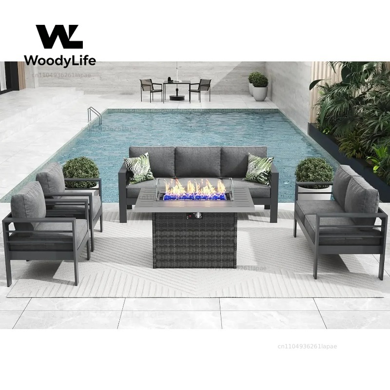 L5 Pieces Modern Aluminum Pati - Outdoor Furniture Set With Fire Pit ulasan dan harga