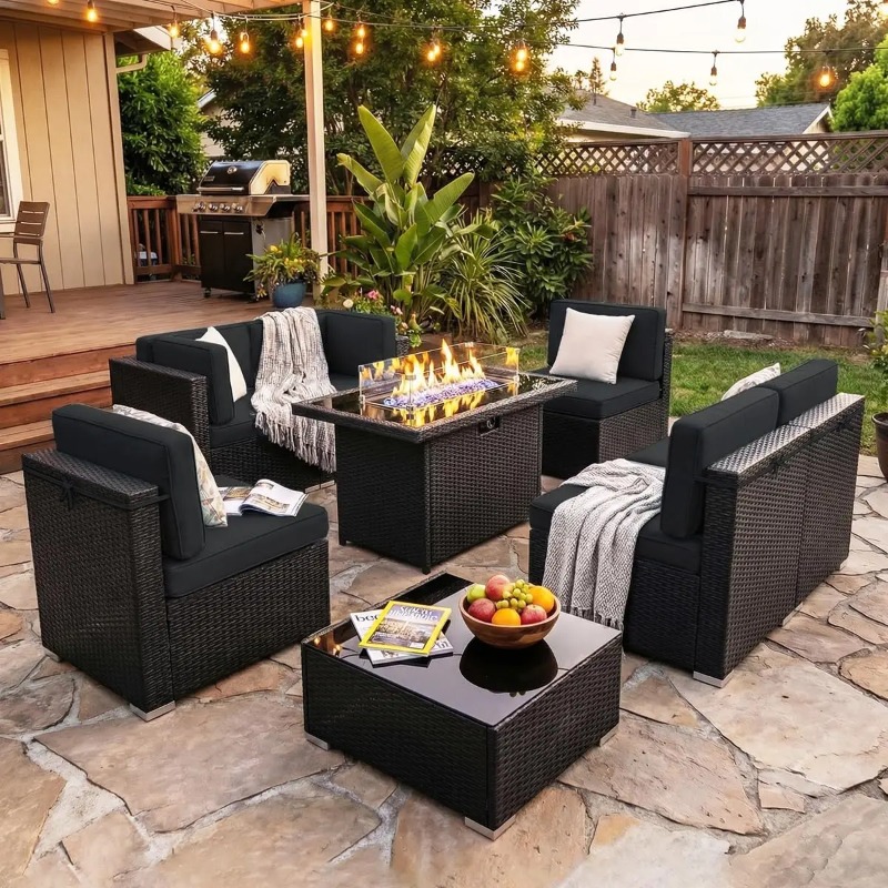 8-Piece Patio Wicker Sectional - Outdoor Furniture Set With Fire Pit ulasan dan harga